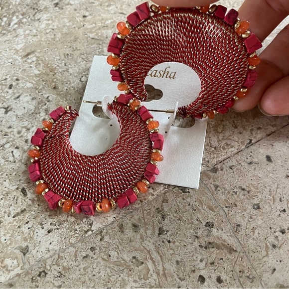 Natasha Couture Pink & Orange Beaded Woven Hoop Earrings Lead Compliant - Picture 2 of 4